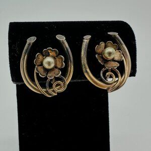 Vintage 12K Gold Horseshoe and Flower with Pearl Screw Back Earrings